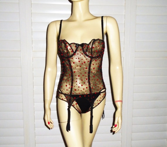 Vintage Corset Set Black and Red Polka Dot Corset