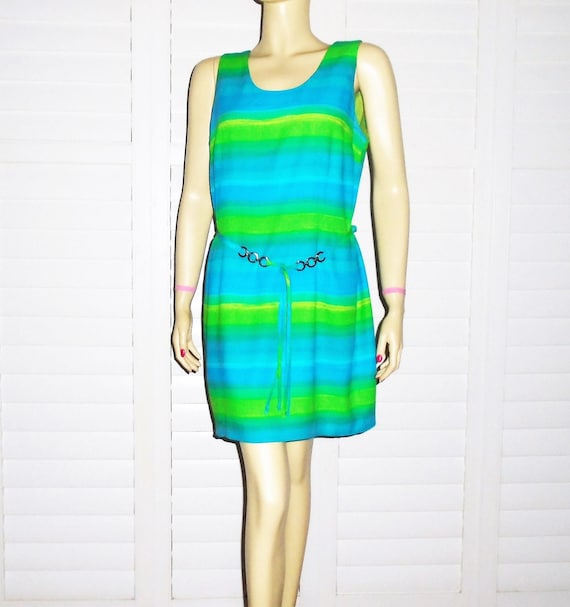 70s Mini Dress Belted Blue and Green Striped Dress