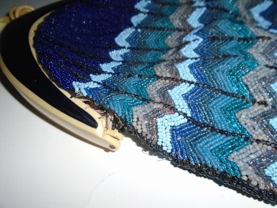 30s Evening Bag Blue Chevron Beaded Bag w Cellulo… - image 8