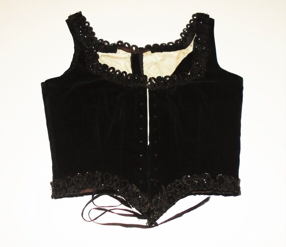 Victorian Corset Beaded Jet Black Velvet Lace Up C