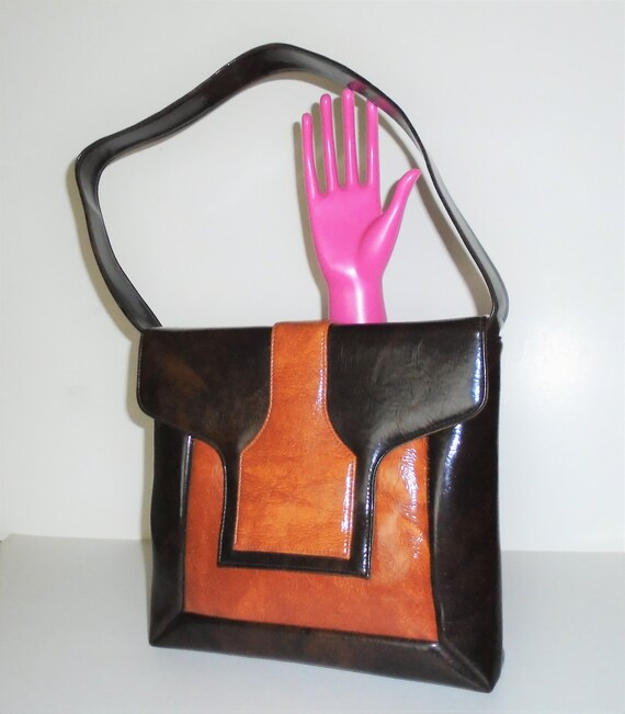 60s Mod Bag Vinyl Orange and Brown Vintage Handbag
