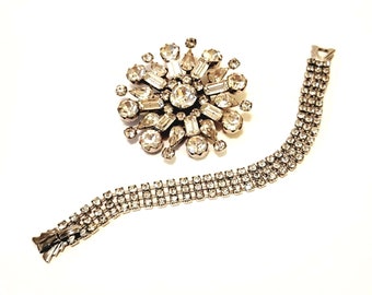 Vintage Weiss Jewelry Bracelet and Large Rhinestone Brooch 2pc