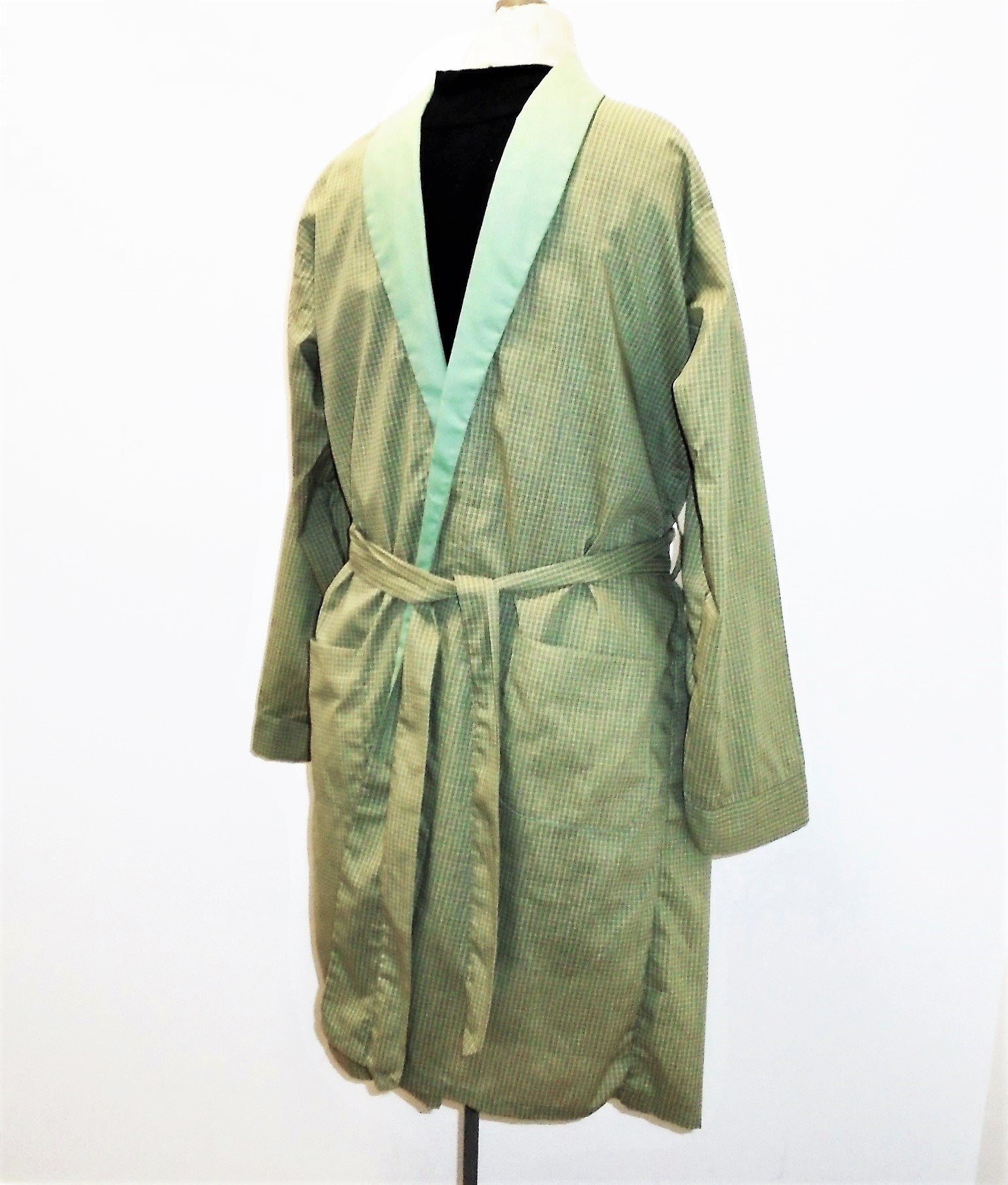 Vintage Mens Robe 70s Checkered Green Lounging Robe M Etsy