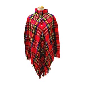 Vintage Red Plaid Poncho Acrylic Wool Fringed Cape Style OSFA