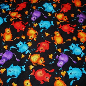 Funny Cat Print Fabric on Black Cotton Material 1 or 2 Yards