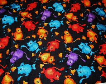 Funny Cat Print Fabric on Black Cotton Material 1 or 2 Yards