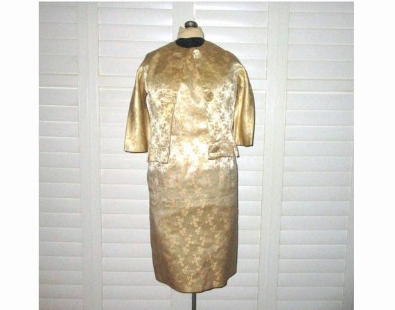 60s Brocade Dress Gold and Cream Sheath with Matc… - image 1