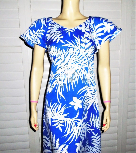 Vintage Hawaiian Dress 80s Pomare Blue Aloha Dres… - image 2