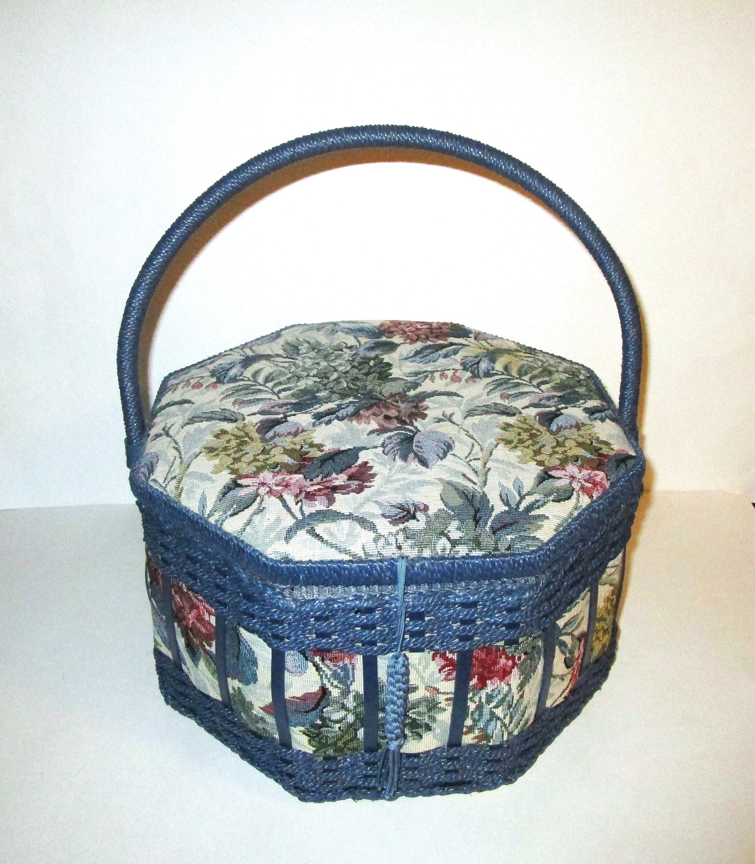 SEWING BASKET 'bee' Design Grey Wicker Large Size Twin Lids 