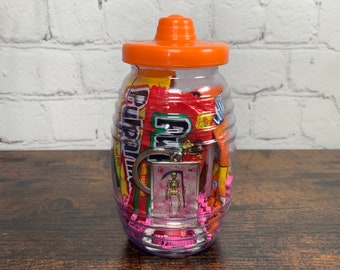 Mini Vitrolero 16oz Barrel Cup with Mexican Candy and Loteria Bottle Cap Opener Keychain