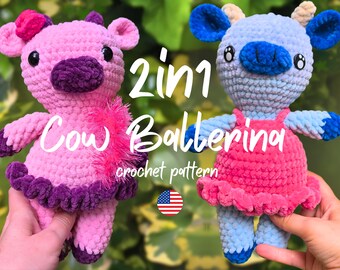 May include: Two crochet cow ballerinas, one pink and one blue, each with a tutu and bow. The text "2in1 Cow Ballerina crochet pattern" is displayed in white. An American flag is also visible.