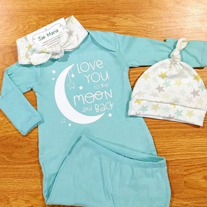 Mint/aqua, Love you to the moon and back, coming home set, baby gown, baby shower gift, gender neutral baby outfit, unisex baby gown