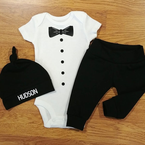 Personalized, baby boy, coming home outfit, baby shower, gift, bodysuit, hat, pants, monochrome, going home outfit, photo prop, tux, tuxedo