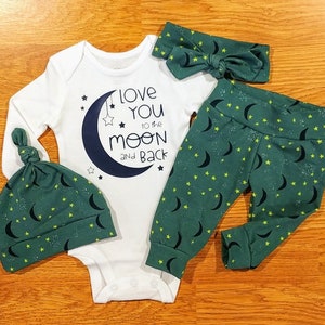 Love you to the moon & back, baby boy, baby girl, coming home outfit, hat, shower gift, pants, moon, stars, take home outfit, going home set