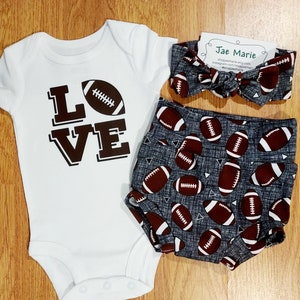 LOVE football, HIGH RISE bummies, football, Going Home Outfit, shower gift, diaper cover, topknot, headband, take home, bummies,
