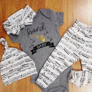 band baby, saxophone, jazz, marching, baby boy, baby girl, unisex, gender neutral clothes, baby shower, coming home, going home, music