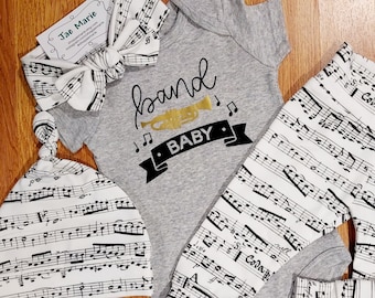 band baby, trumpet, baby boy, baby girl, unisex, gender neutral clothes, baby shower, coming home, going home, music