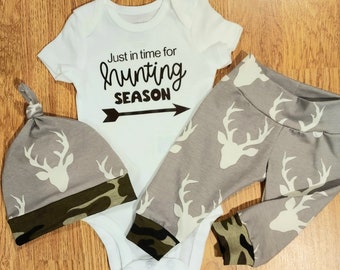 Just in time for hunting season, Baby Boy Going Home Outfit, Deer Outfit, gray, buck, shower gift, hunting, future hunter, camo, camouflage