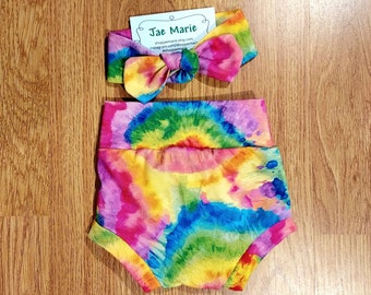 High Rise Bummies, diaper cover, topknot, headband, baby girl, baby shower gift, toddler, bloomers, cartwheel shorts, bummies, tie dye