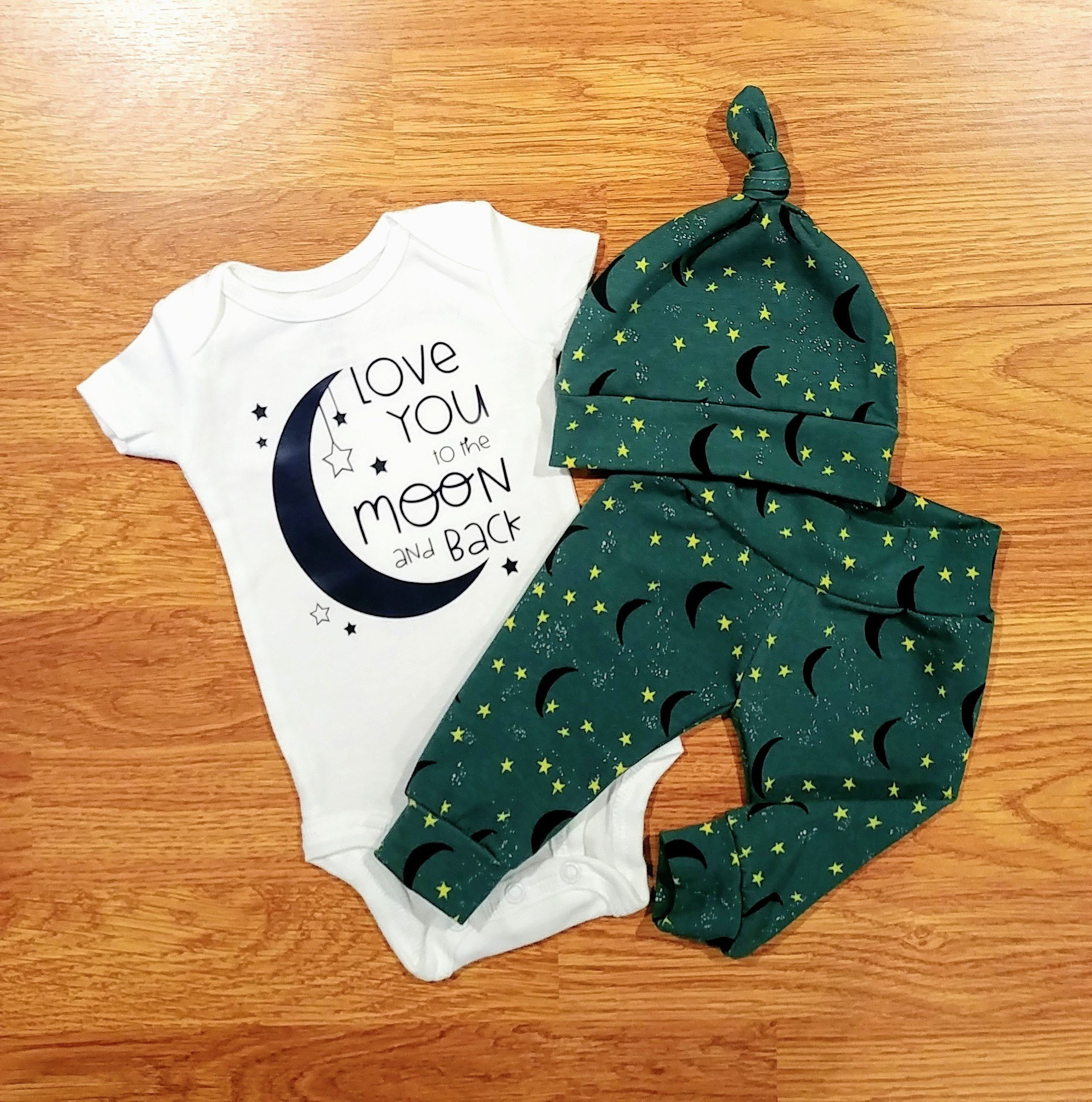 Love you to the moon & back, baby boy, coming home outfit, hat, shower gift, bodysuit, pants, moon, stars, take home outfit, going home set