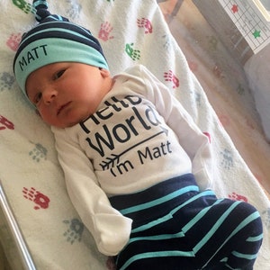 Personalized Hello World, baby boy, coming home outfit, personalized hat, custom hat, baby shower gift, navy stripes, bodysuit, pants