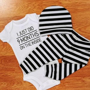 Black White, I Just Did 9 Months On The Inside, take home outfit, going home outfit, monochrome, stripes, baby boy, funny baby