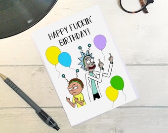 Rick and Morty Peace Among Worlds Swearing Fingers Cartoon Funny Greetings Card / Humour / Banter / Happy Birthday / Sidekick