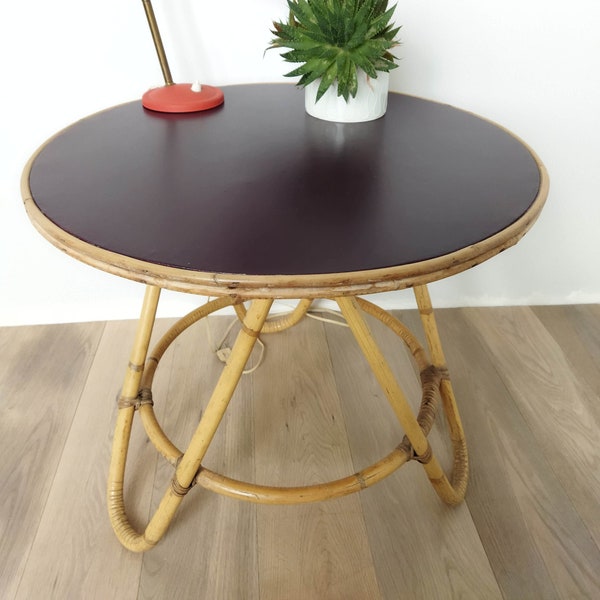 Table basse vintage en rotin et bambou KOK Diabolo années 1960