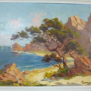 May include: A painting depicting a seascape with a rocky coastline, a blue ocean, and a solitary pine tree in the foreground. The sky is a light blue with some white clouds. The painting is signed "L. Patrona" in the bottom right corner.