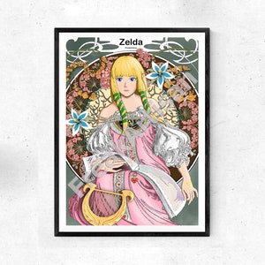 Puede incluir: Impresi&oacute;n art&iacute;stica enmarcada que representa a Zelda de la serie Legend of Zelda. La ilustraci&oacute;n muestra a Zelda con un vestido rosa y un arpa dorada, rodeada de motivos florales y mariposas. La impresi&oacute;n est&aacute; enmarcada en negro.
