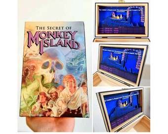 Das Geheimnis von Monkey Island: Box aus Holz und Glasharz, individuell anpassbar mit Diorama oder eingraviertem Text im Inneren. Videospiel