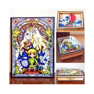 Zelda wood and crystal resin box, customizable with diorama or engraved text inside.