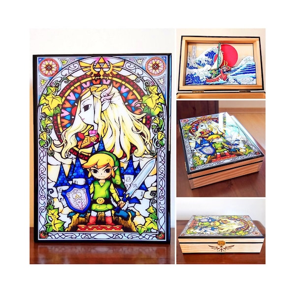 ZELDA Boîte en bois et résine de verre, personnalisable avec diorama ou texte gravé à l'intérieur. Travaux personnalisables