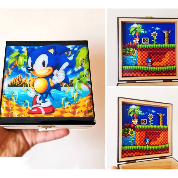 Sonic-Box aus Holz und Glasharz, individuell anpassbar mit Diorama oder eingraviertem Text im Inneren. Videospiel