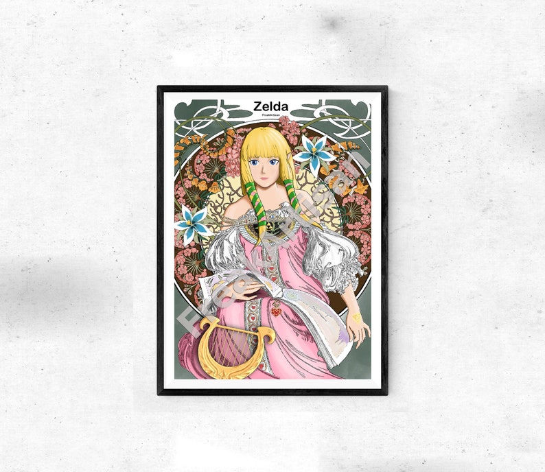 Puede incluir: Impresi&oacute;n art&iacute;stica enmarcada que representa a Zelda de la serie Legend of Zelda. La ilustraci&oacute;n muestra a Zelda con un vestido rosa y un arpa dorada, rodeada de motivos florales y mariposas. La impresi&oacute;n est&aacute; enmarcada en negro.