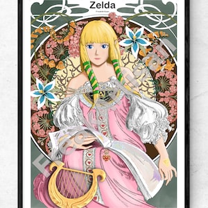 Puede incluir: Una impresi&oacute;n art&iacute;stica enmarcada que presenta una ilustraci&oacute;n estilizada de Zelda de la serie de videojuegos. La obra de arte muestra a Zelda con cabello rubio, ojos azules y un vestido rosa, sobre un fondo floral. La impresi&oacute;n incluye el nombre "Zelda" en la parte superior.