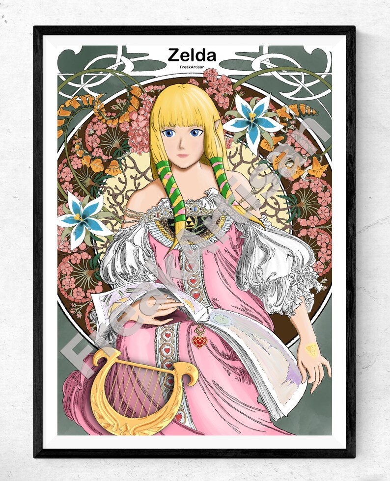 Puede incluir: Una impresi&oacute;n art&iacute;stica enmarcada que presenta una ilustraci&oacute;n estilizada de Zelda de la serie de videojuegos. La obra de arte muestra a Zelda con cabello rubio, ojos azules y un vestido rosa, sobre un fondo floral. La impresi&oacute;n incluye el nombre "Zelda" en la parte superior.