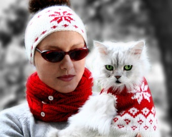 Snowflake Pattern Matching Sweater for Cats, Pet and Human clothes, Red cat sweater, Christmas gift dog pullover, Red jumper for small dog