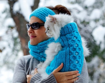 Turquoise Matching Knitting Clothes for Pet and Human, Matching sweater for dog and owner, Handmade knitting cat sweater, Blue dog pullover