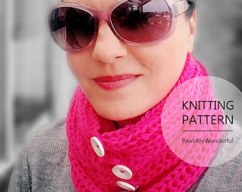 Magenta Scarf Knitting Pattern, Chunky Ribs Eternity Scarf Pattern, Beginner Knitting Pattern, Easy Knit Scarf with Buttons, Basic Crochet