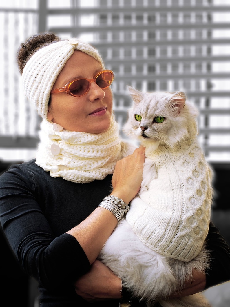 White Matching Knitting Clothes for Cat and Owners, Gorgeous small dog sweater, Dog and owner clothes, Sphynx cat sweater, Knit dog pullover image 2