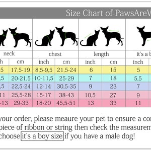 May include: Size chart for PawsAreWonderful pet clothing. The chart shows sizes for cats and dogs in inches and centimeters, with corresponding weight ranges in pounds and kilograms. The chart includes measurements for neck, chest, length, and 'it's a boy!' for dogs.