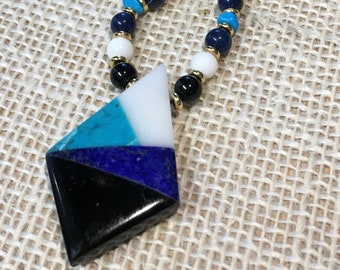 Multi Gemstone Intarsia Geometric Pendant