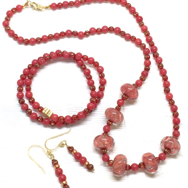 Coral Swirl Lamp Work Bead Necklace set  with Coral and Sunset Maple Melon Rounds