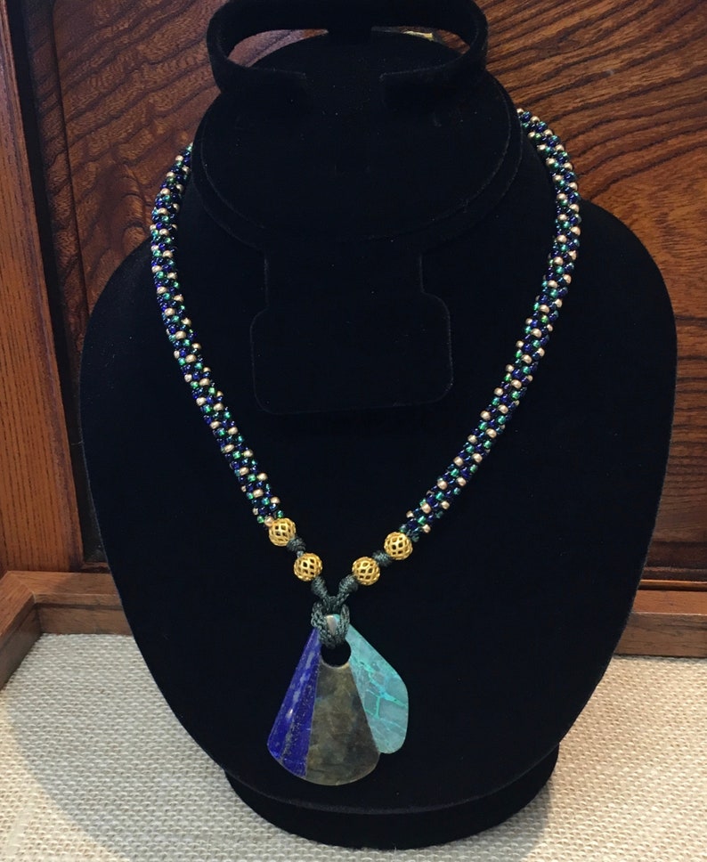 Natural Gemstone Intarsia Kumihimo Pendant