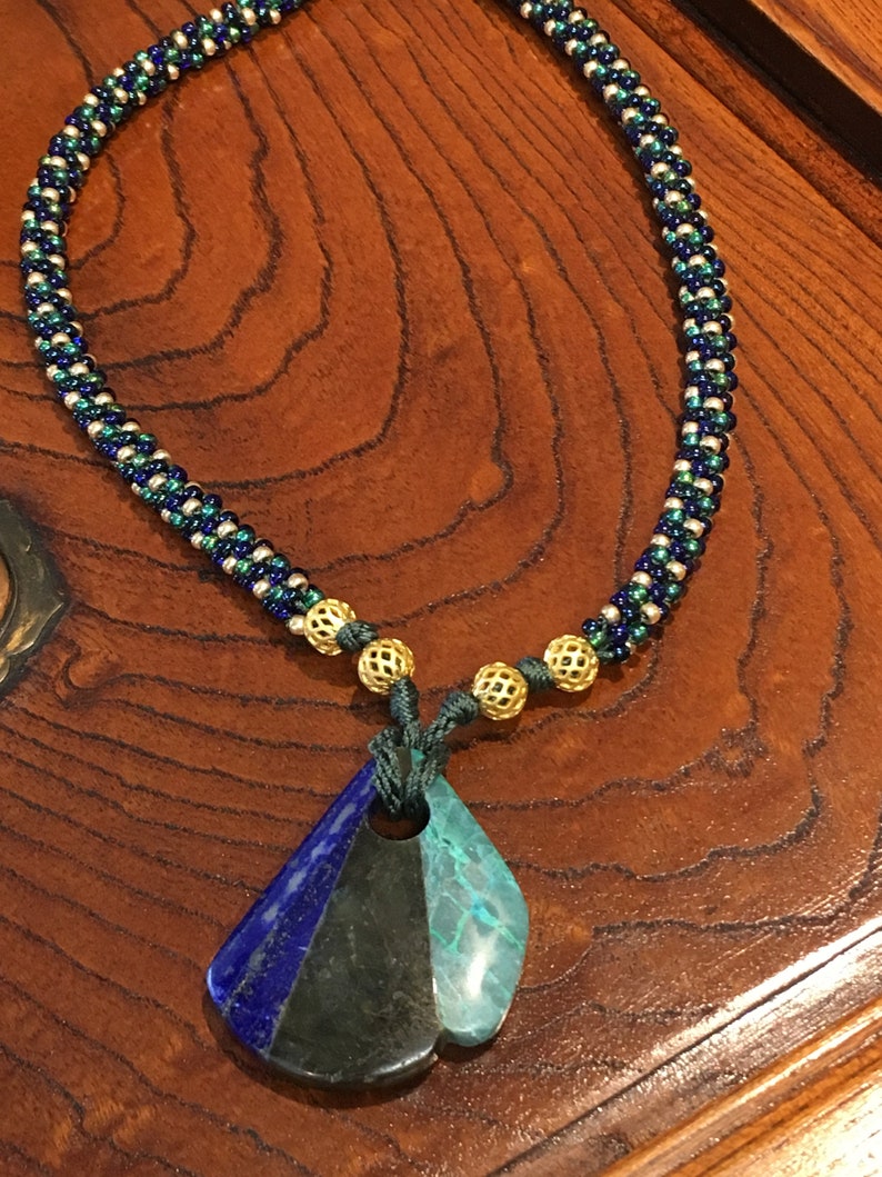 Natural Gemstone Intarsia Kumihimo Pendant