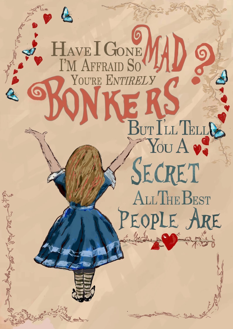 Alice in Wonderland 'Bonkers' Quote poster Mad Hatter | Etsy