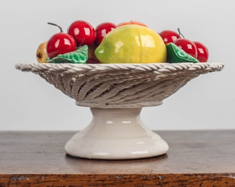 Vintage Braided Ceramic Fruit Basket - Funky Retro Kitchen - Lanzarin Ceramiche - Ceramic Pedestal Center Piece