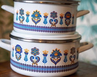 2 Vintage Floral Enamel Pans Blue Yellow Casserole Lids Flower Design Retro Boho