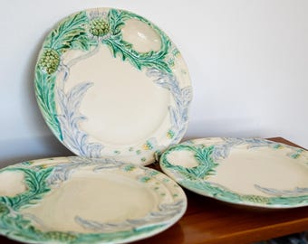 Set 3 Vintage Portuguese Majolica Asparagus Plates Bobi Portimao Fives-Lille Design 1970s